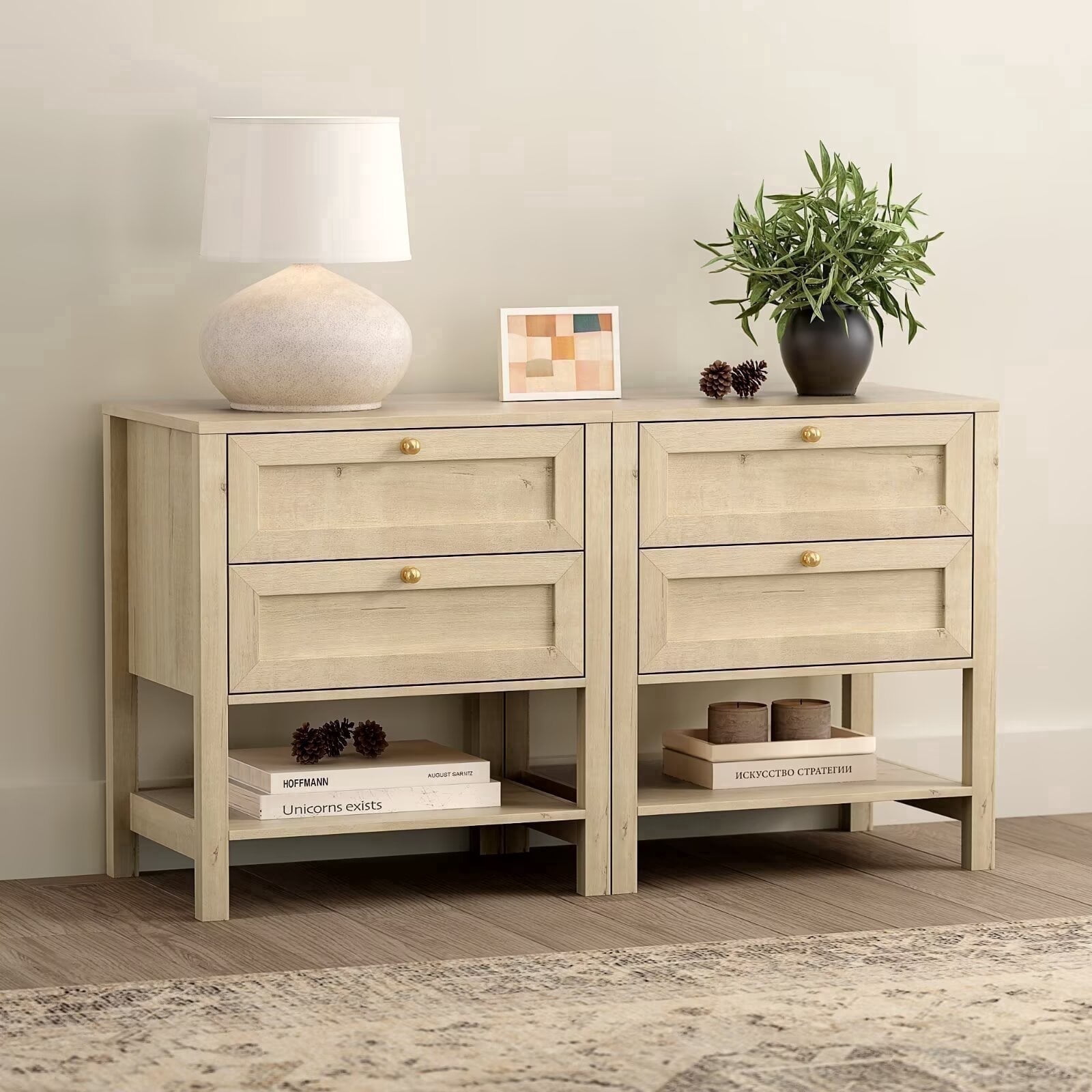 EYYTHUNG Farmhouse Nightstand Set of 2 with Drawer 24.4" Tall Modern Wood Bedside Table with Open Shelf, Large End Table, Light Oak