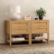 EYYTHUNG Modern Nightstand with Drawers Set of 2, Farmhouse Wood Bedside Table with Open Shelf, Large End Table, Natural Oak
