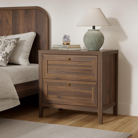 EYYTHUNG Farmhouse Nightstands, Modern End Table with Two Drawer, Large Wooden Bedside Table for Bedroom Living Room Sofa, Brown