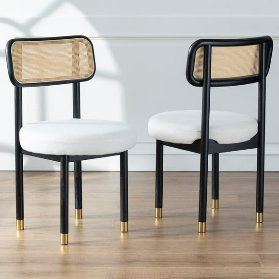 EYYTHUNG Farmhouse Rattan Dining Chairs Set of 2 with Cane Curved Back, Mid Century Modern Upholstered Kitchen Chairs with Solid Wood Legs, Linen Armless Side Seating