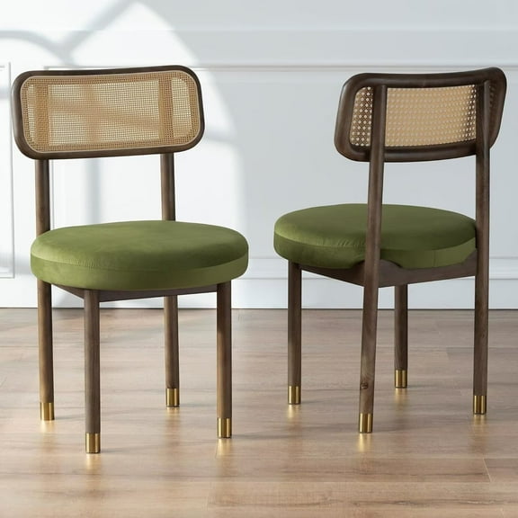 EYYTHUNG Farmhouse Rattan Dining Chairs Set of 2 with Cane Curved Back, Mid Century Velvet Upholstered Kitchen Chairs with Solid Wood Legs, Modern Armless Side Seating