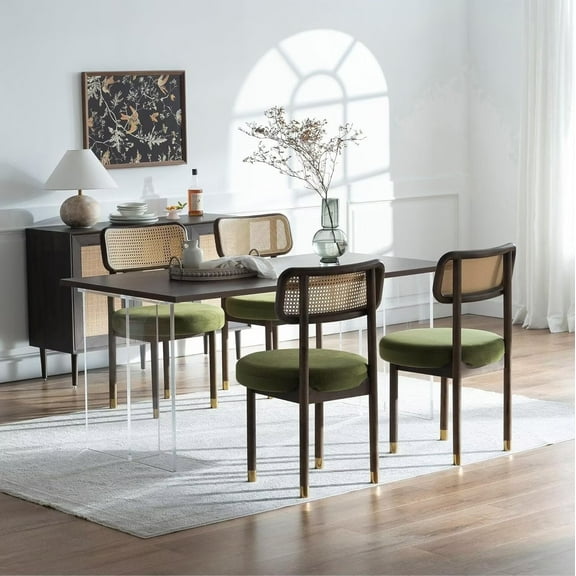 EYYTHUNG Farmhouse Rattan Dining Chairs Set of 4, Mid Century Velvet Upholstered Kitchen Chairs, Modern Armless Side Seating