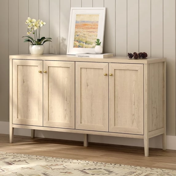 EYYTHUNG Farmhouse Storage Cabinet with 4 Doors, Adjustable Shelf Accent Cabinet, Modern Sideboard Buffet with Console Table Credenza, Light Oak