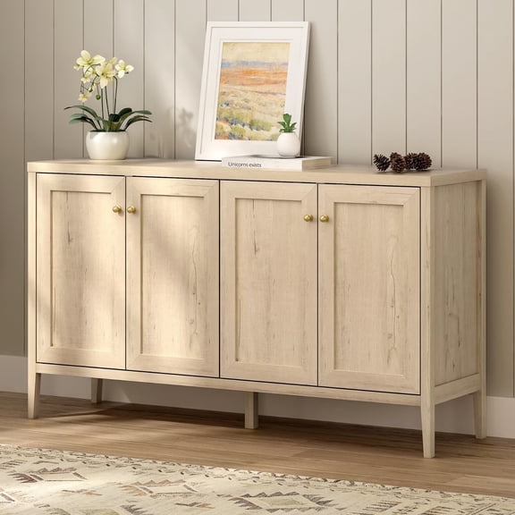 EYYTHUNG Farmhouse Storage Cabinet with 4 Doors, Adjustable Shelf Accent Cabinet, Modern Sideboard Buffet with Console Table Credenza for Dining Room, Living Room Kitchen, Light Oak