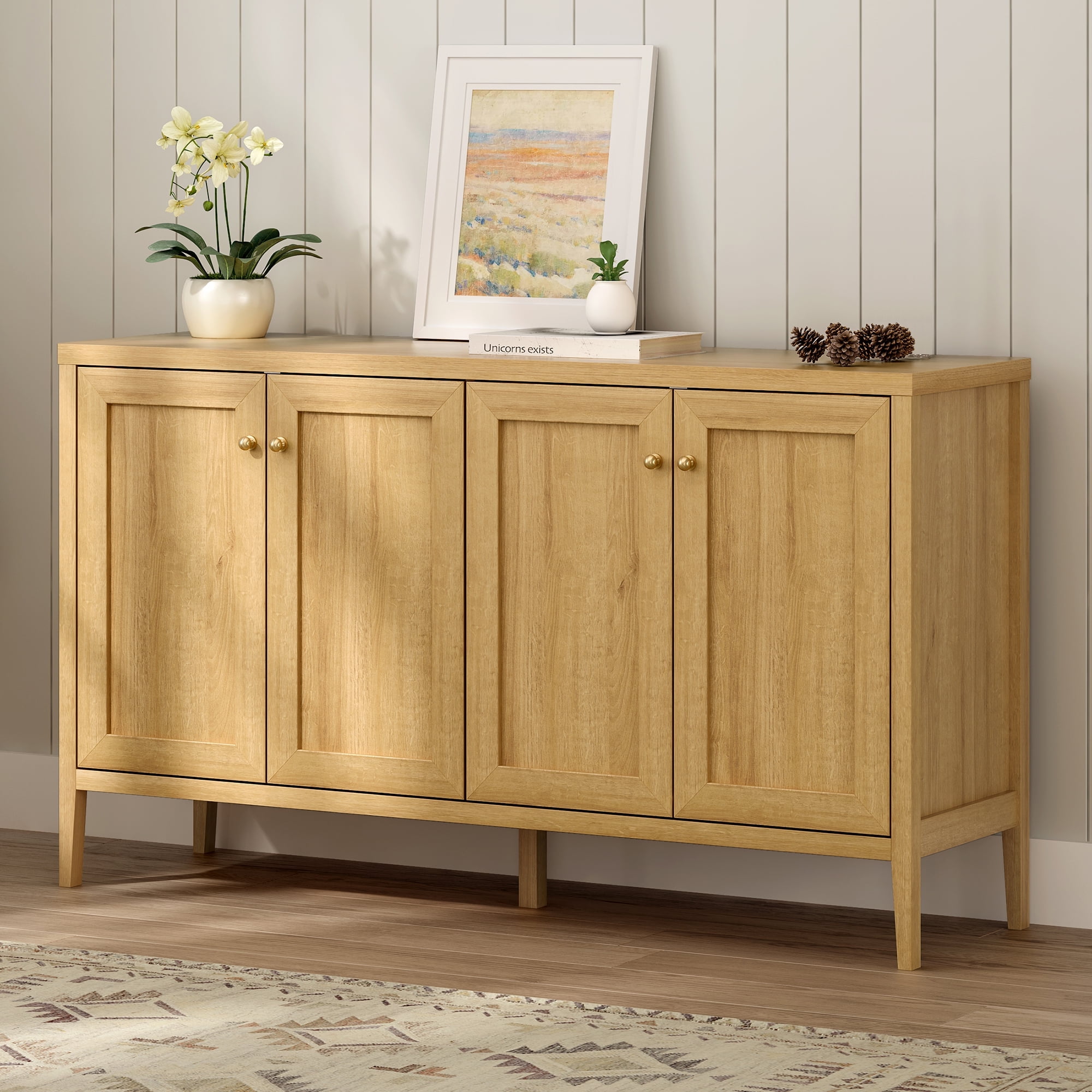 EYYTHUNG Farmhouse Storage Cabinet with 4 Doors, Adjustable Shelf Accent Cabinet, Modern Sideboard Buffet with Console Table Credenza for Living Room Kitchen, Natural Oak
