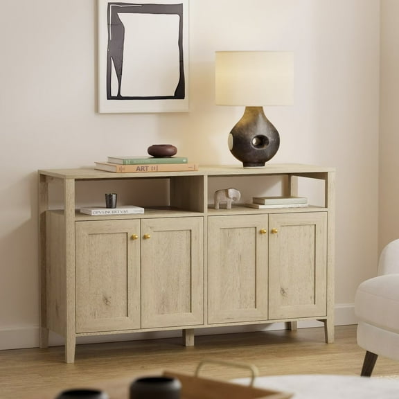 EYYTHUNG Farmhouse TV Stand with 4 Doors, 47" Buffet Sideboard Storage Cabinet with Open Shelf and Adjustable Shelf, Wood Boho Media TV Console Table Coffee Bar Cabinet, Light Oak