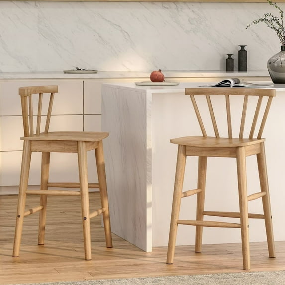 EYYTHUNG Farmhouse Wooden Barstool - Set of 2, 24-Inch Counter Height Stools with Ergonomic Curved Back, Natural Oak