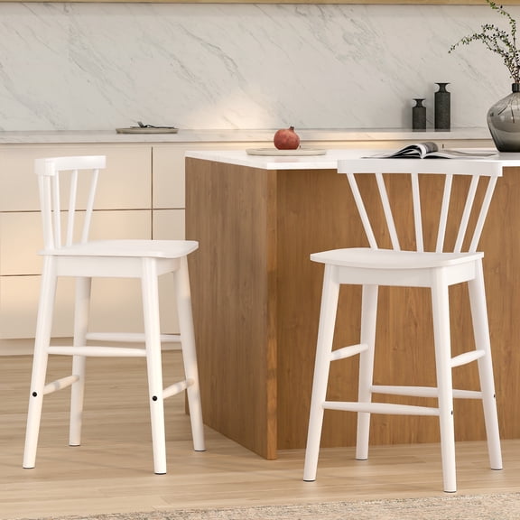 EYYTHUNG Farmhouse Wooden Barstool Set of 2, 24-Inch Counter Height Stools with Ergonomic Curved Back & Solid Wood Base, Rustic Kitchen Bar Chair, White