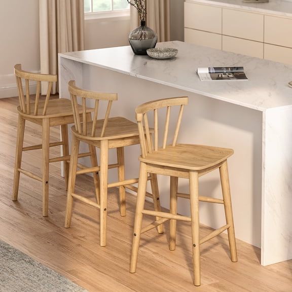 EYYTHUNG Farmhouse Wooden Barstool 24-Inch Counter Height Stools with Ergonomic Curved Back & Solid Wood Base, Rustic Kitchen Bar Chair Set of 3, Natural Oak