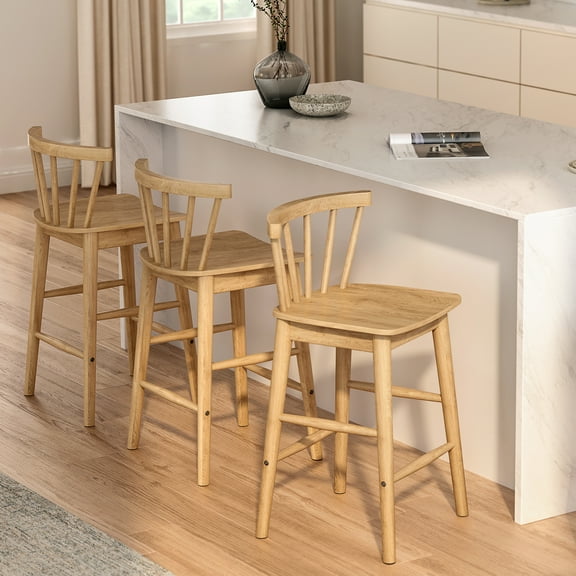 EYYTHUNG Farmhouse Wooden Barstool Set of 3, 24-Inch Counter Height Stools with Ergonomic Curved Back & Solid Wood Base, Rustic Kitchen Bar Chair, Natural Oak