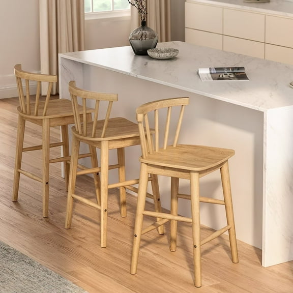 EYYTHUNG Farmhouse Wooden Barstool Set of 3, 24-Inch Counter Height Stools with Ergonomic Curved Back & Solid Wood Base, Rustic Kitchen Bar Chair, Natural Oak