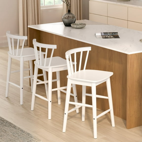 EYYTHUNG Farmhouse Wooden Barstool Set of 3, 24-Inch Counter Height Stools with Ergonomic Curved Back & Solid Wood Base, Rustic Kitchen Bar Chair, White