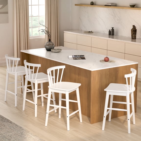 EYYTHUNG Farmhouse Wooden Barstool Set of 4, 24-Inch Counter Height Stools with Ergonomic Curved Back & Solid Wood Base, Rustic Kitchen Bar Chair, White