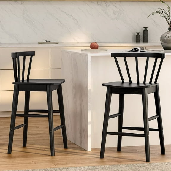 EYYTHUNG Farmhouse Wooden Barstool Set of 2, 24-Inch Counter Height Stools with Ergonomic Curved Back & Solid Wood Base, Black