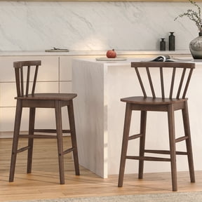 EYYTHUNG Farmhouse Wooden Barstool Set of 2, 24-Inch Counter Height Stools with Ergonomic Curved Back & Solid Wood Base, Brown