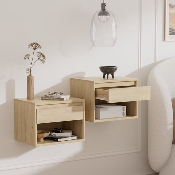 EYYTHUNG Nightstand Wall Mount Set of 2, Wall Mounted Bedside Table with Storage Drawer and Open Shelf, Modern Night Stand with Handless Design, Light Oak