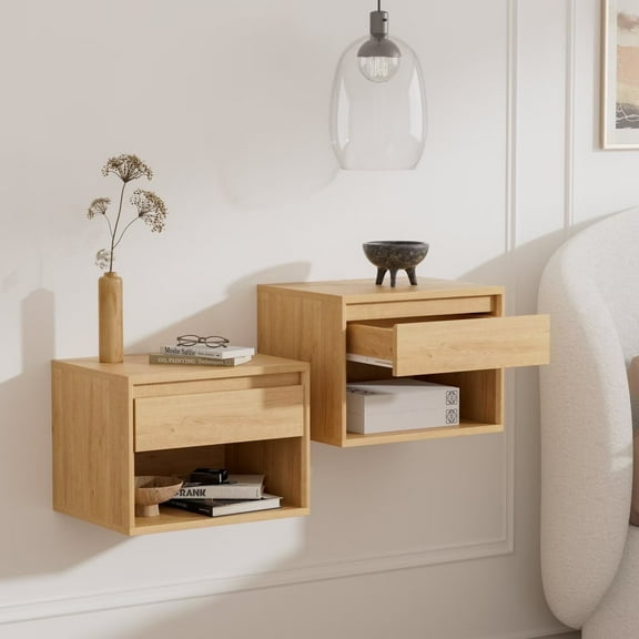 EYYTHUNG Nightstand Wall Mount Set of 2, Wall Mounted Bedside Table with Storage Drawer and Open Shelf, Modern Night Stand with Handless Design, Natural Oak