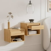 EYYTHUNG Nightstand Wall Mount Set of 2, Wall Mounted Bedside Table with Storage Drawer and Open Shelf, Modern Night Stand with Handless Design, Natural Oak