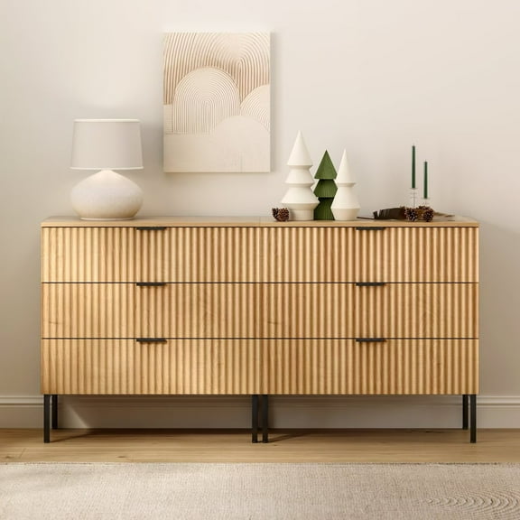 EYYTHUNG Fluted 3 Drawer Dresser Set of 2 with Metal Legs, Large Modern Chest of Drawers Bedside Nightstand Dresser, Natural Oak