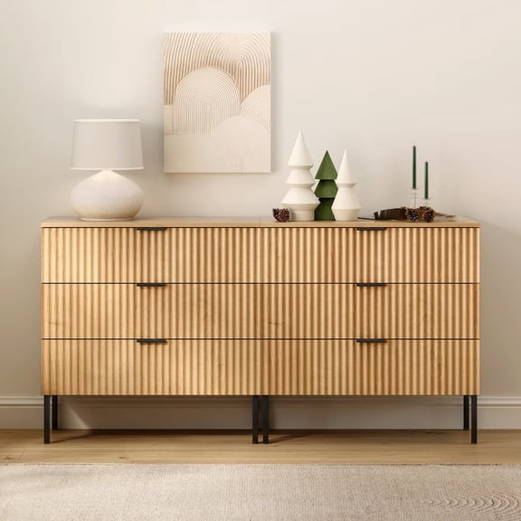 EYYTHUNG Fluted 3 Drawer Dresser Set of 2 with Metal Legs, Large Modern Chest of Drawers Bedside Nightstand Dresser, Natural Oak