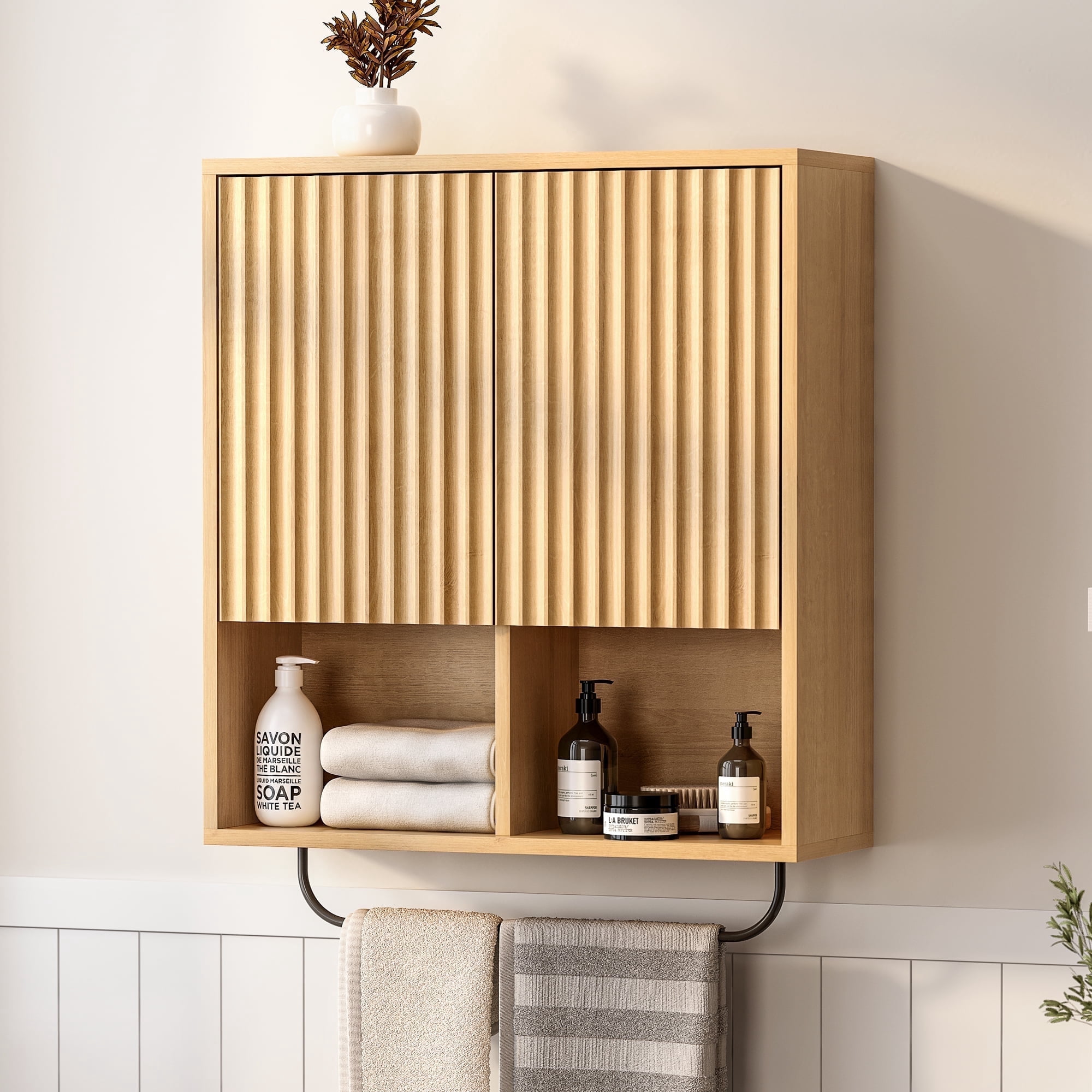 EYYTHUNG Modern Fluted Medicine Cabinet Storage, Wooden Bathroom Wall Cabinet with Hanging Rod Adjustable Shelf, Natural Oak