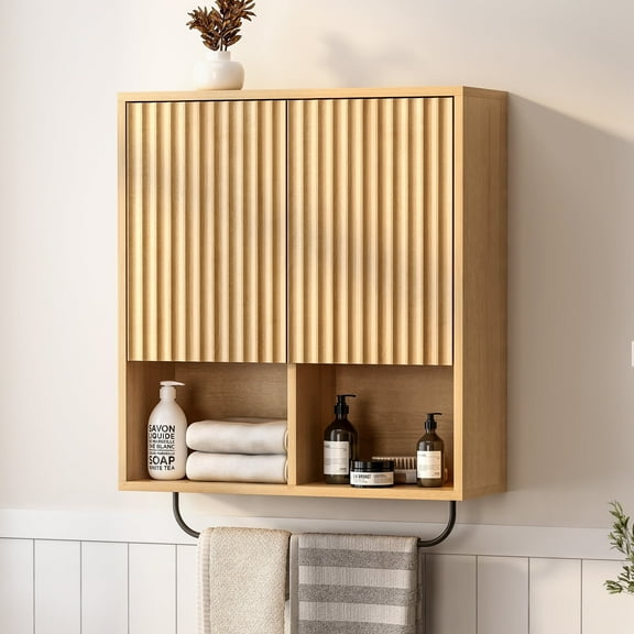 EYYTHUNG Modern Fluted Medicine Cabinet Storage, Wooden Bathroom Wall Cabinet with Hanging Rod Adjustable Shelf, Natural Oak