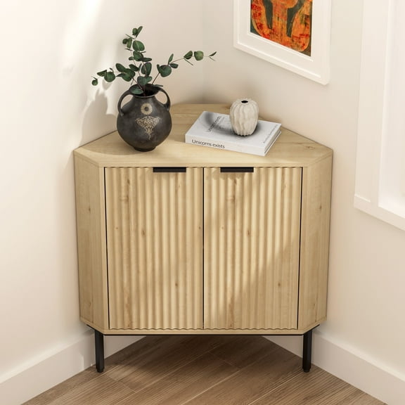 EYYTHUNG Fluted Corner Cabinet, Modern Narrow Freestanding Organizer with 2 Doors & 2-Tier Shelves, Small Floor Cabinet, Light Oak