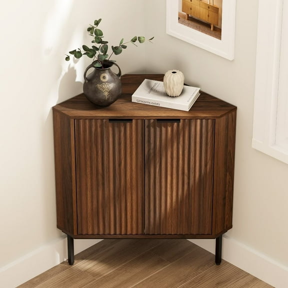 EYYTHUNG Fluted Corner Cabinet, Modern Small Corner Floor Cabinet with 2 Doors and 2-Tier Shelves, Freestanding Narrow Organizer, Brown