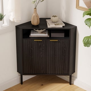 EYYTHUNG Fluted Corner Cabinet with Open Storage, Modern Small Corner Floor Cabinet with 2 Doors & Adjustable Shelf, Wooden Narrow Storage Organizer for Small Space, Black