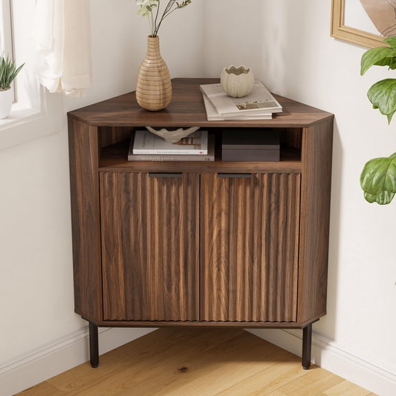 EYYTHUNG Fluted Corner Cabinet with Open Storage, Modern Small Corner Floor Cabinet with 2 Doors & Adjustable Shelf, Wooden Narrow Storage Organizer for Small Space, Brown