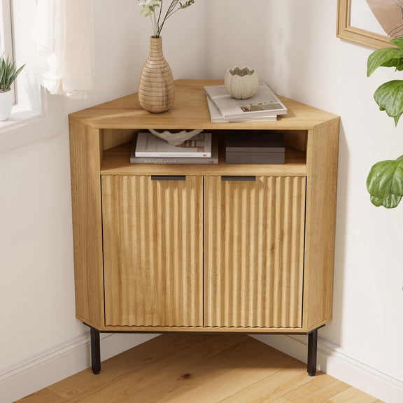 EYYTHUNG Fluted Corner Cabinet with Open Storage, Modern Small Corner Floor Cabinet with 2 Doors & Adjustable Shelf, Wooden Narrow Storage Organizer for Small Space, Natural Oak