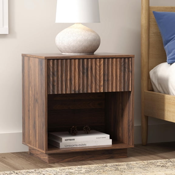 EYYTHUNG Fluted End Table with Drawer, Modern Wooden Nightstand Bed Side Table with Storage Shelf Bedside Night Stand for Bedroom, Brown