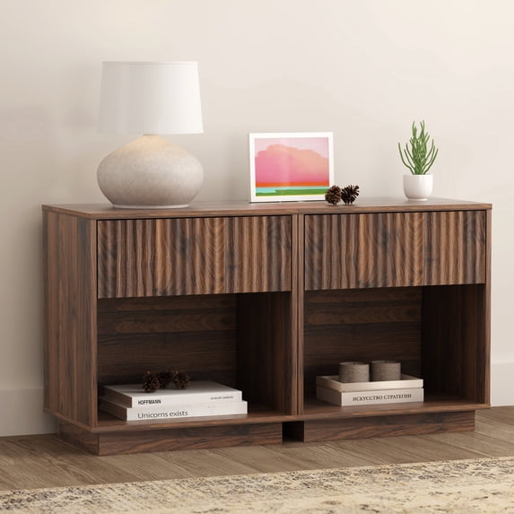 EYYTHUNG Fluted End Table with Drawer Set of 2, Modern Wooden Nightstand Bed Side Table with Storage Shelf Bedside Night Stand, Brown