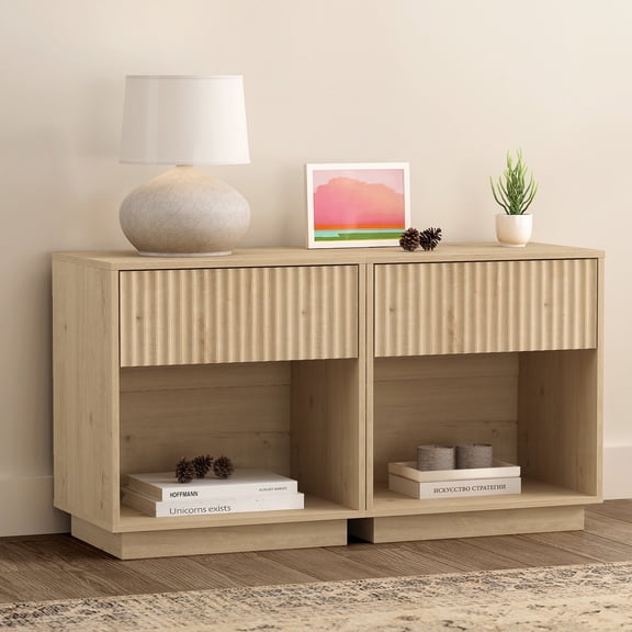 EYYTHUNG Fluted End Table with Drawer Set of 2, Modern Wooden Nightstand Bed Side Table with Storage Shelf Bedside Night Stand