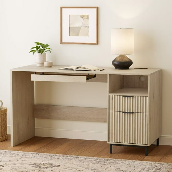 EYYTHUNG Fluted Executive Desk, 55" Modern Wood Home Office Desk with Charging Station, File Drawer, Open Storage, Computer Writing Desk, Light Oak