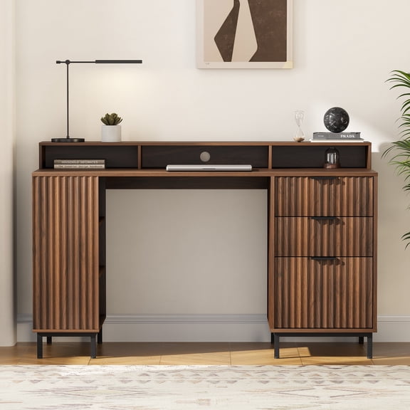 EYYTHUNG Fluted Executive Desk, 55" Modern Wood Office Desk with Monitor Stand & Charging Station, Home Writing Study Computer Table, Brown