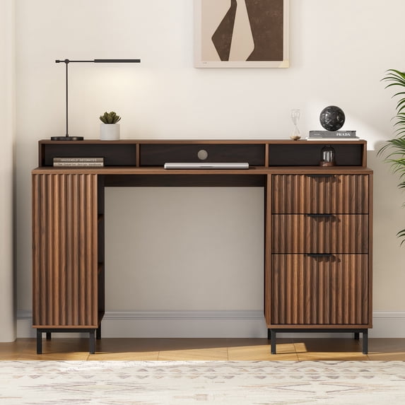 EYYTHUNG Fluted Executive Desk, 55" Modern Wood Office Desk with Monitor Stand & Charging Station, Home Writing Study Computer Table, Brown