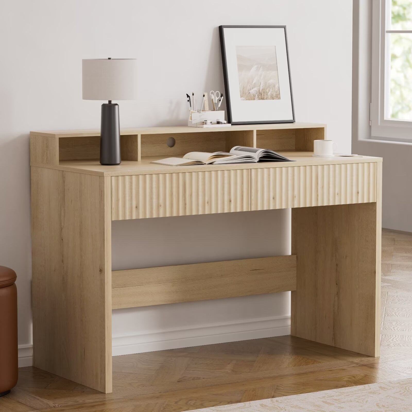 EYYTHUNG Fluted Executive Desk with Storage Shelf, 47" Modern Wood Home Office Desk with Long Monitor Stand & 2 Drawers, Writing Study Computer Table Vanity Desks, Light Oak