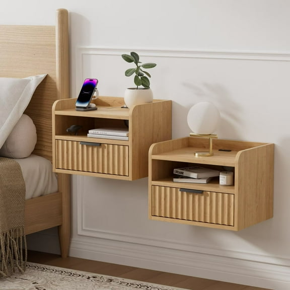 EYYTHUNG Fluted Floating Nightstand Set of 2, Wall Mounted Bedside Table with Charging Station, Night Stand with Storage Drawer and Open Shelf, Natural Oak