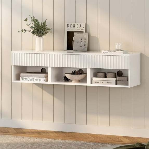 EYYTHUNG Fluted Floating Nightstand Set of 3, Modern Wall Mounted Cabinet, White