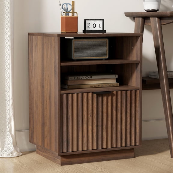 EYYTHUNG Fluted Lateral File Cabinet with Open Storage, Brown Small Home Office File Cabinet, Filing Cabinet Fits A4 & Letter Size /Hanging File Folder