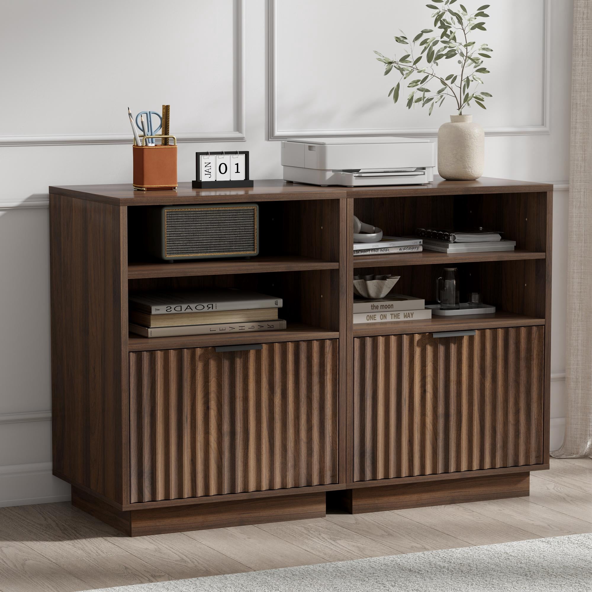 File Cubby EYYTHUNG Fluted Lateral File Cabinet with Open Storage, Brown Small ...