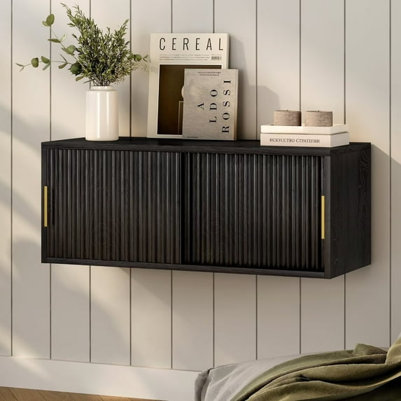 EYYTHUNG Fluted Nightstand Wall Mounted, Modern Large Floating TV Stand Bedside Cabinet