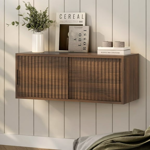 EYYTHUNG Fluted Nightstand Wall Mounted, Modern Large Floating TV Stand Bedside Cabinet, Brown