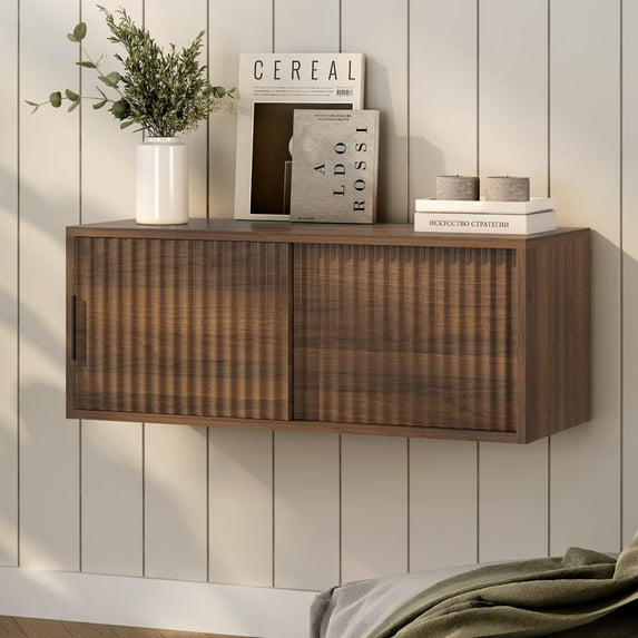 EYYTHUNG Fluted Nightstand Wall Mounted, Modern Large Floating TV Stand Bedside Cabinet, Brown