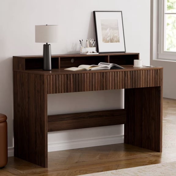 EYYTHUNG Fluted Office Desk with Storage Shelf, 47" Modern Wood Executive Desk with Long Monitor Stand & 2 Drawers, Home Writing Study Computer Table Vanity Desk, Brown