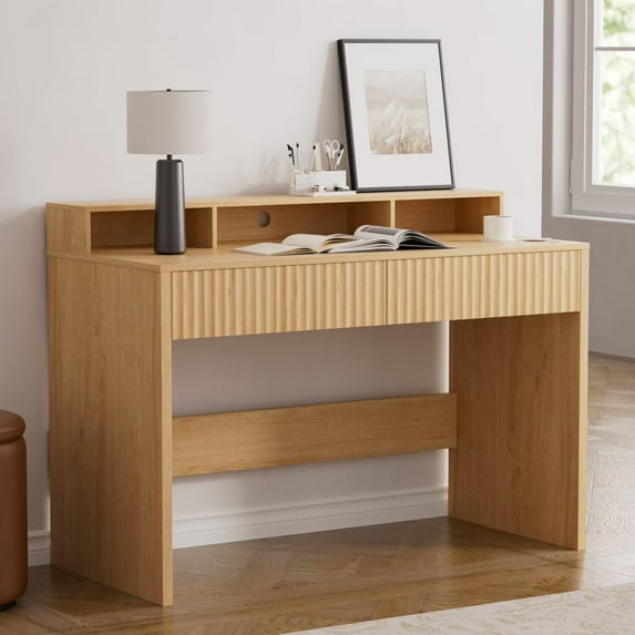 EYYTHUNG Fluted Office Desk with Storage Shelf, 47" Modern Wood Executive Desk with Long Monitor Stand & 2 Drawers, Home Writing Study Computer Table Vanity Desk, Natural Oak