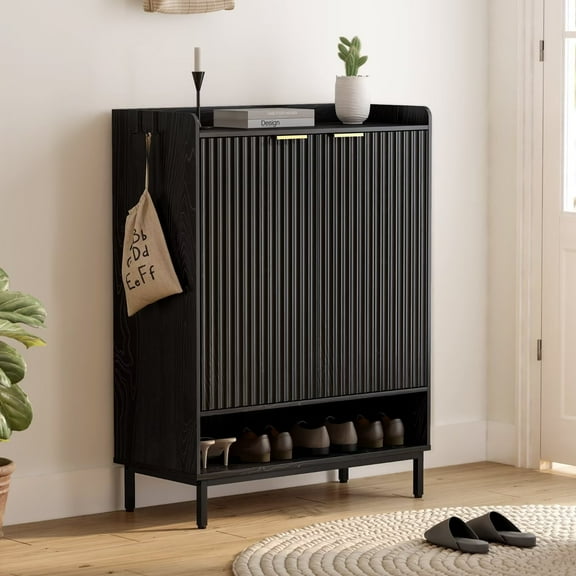 EYYTHUNG Fluted Shoe Cabinet, Large Wooden Shoe Storage Cabinet with Hanging Rod, Modern Tall Freestanding Shoe Rack Organizer