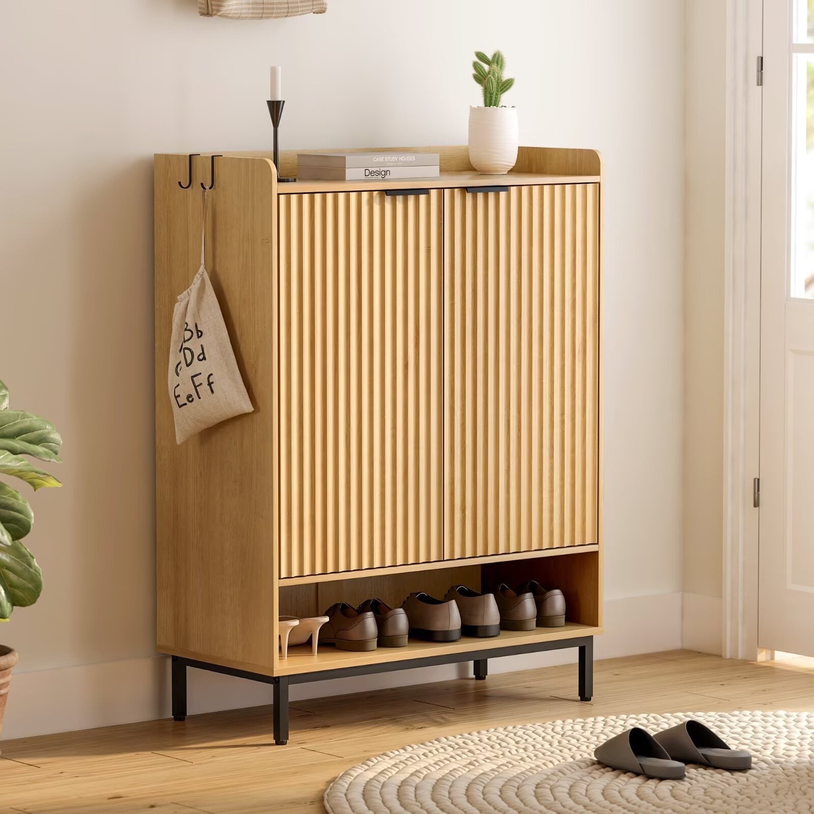 EYYTHUNG Fluted Shoe Cabinet with Doors, Large Wooden Shoe Storage Cabinet, Modern Tall Freestanding Shoe Rack Organizer