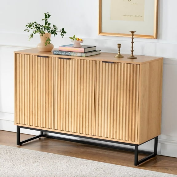 EYYTHUNG Fluted Storage Cabinet with 3 Doors, Modern Farmhouse Natural Oak Wooden Credenza with Adjustable Shelves, 1 Pack